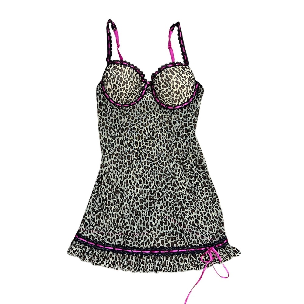 Vtg Rampage Leopard Print Chemise Slip Dress Pink Lace Y2K Baddie Large Sexy